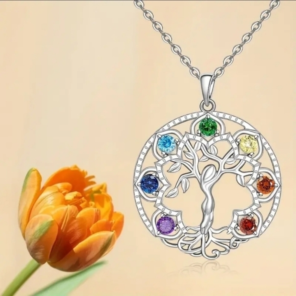 925 Sterling Silver Diamond 7 Chakra Tree‎ of Life Healing Necklace